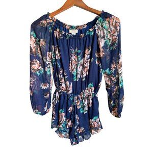 Band of Gypsies Blue Floral Long Sleeve Lined Romper Women's Sz XS
